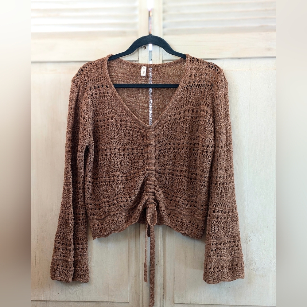 Mauve Crochet Crop Sweater w/ Drawstring Ruched Front by Wishlist